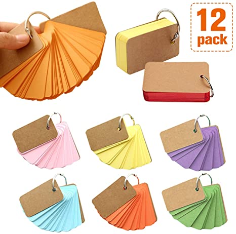 Kraft Paper Binder Ring, 600 Pieces Flash Card, Study Cards, 2.2 x 3.5 Inches, 6 Colors, 12 Pack