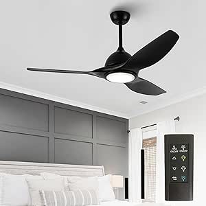 Ceiling Fans with Lights and Remote, 52 Inch Large Airflow Indoor Ceiling Fans with Quiet DC Motor and 3 Color Temperature Noiseless Attractive Design ABS Blades, Black