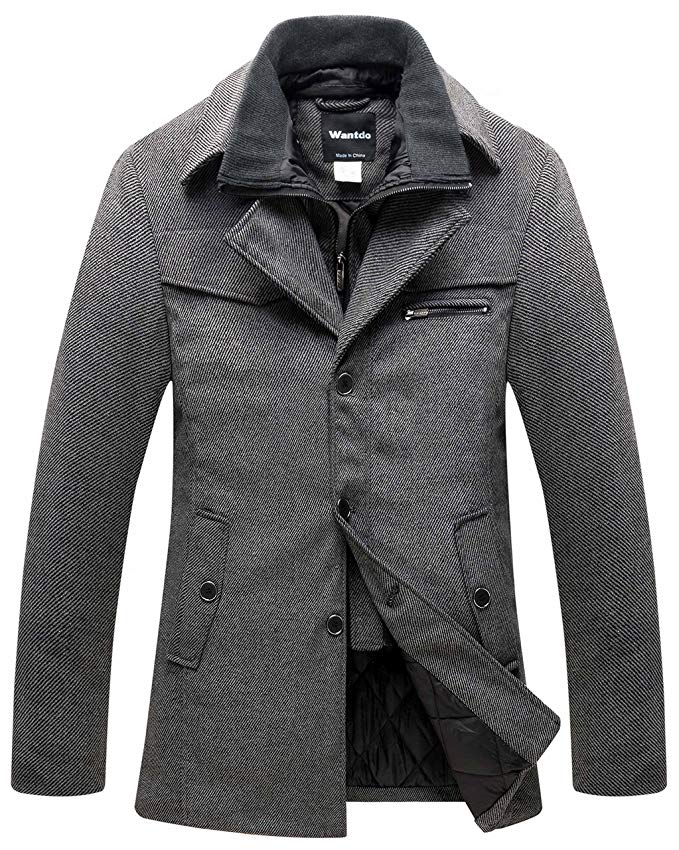 Wantdo Men's Wool Blend Pea Coat Windproof Thick Winter Jacket with Quilted Bib