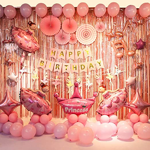 Birthday Party Decorations for Girl Pink Backdrop Decorations Theme Party Supplies - Set of 70 Include Balloons, Happy Birthday Banner,Backdrop,Paper Fan,Fringe Curtains, Pump etc