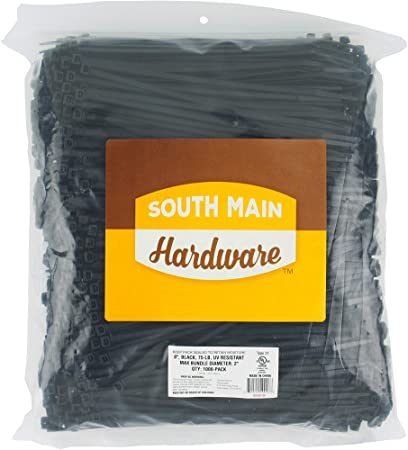 South Main Hardware 848139 8-in, 1,000-Pack, 75-lb, Black, Standard Nylon Cable Tie, 8", 1000 Piece