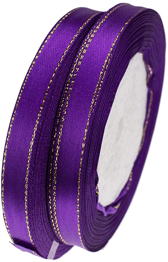 ATRibbons 50 Yards 3/8 Inch Wide Single-face Satin Ribbon with Gold Edges for Gift Wrapping, Floral Design and Craft,25 Yards/roll x 2 Rolls (Purple)