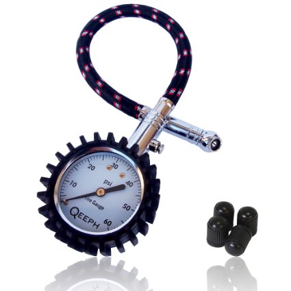 Tire Pressure Gauge Flexi by QEEPH - Measures up to 60 PSI - Large 2 Dial for Readability- Steel Construction with Rubber Hose - Protects Tires and Saves Fuel- For Cars Motorcycles and Utility Vehicles