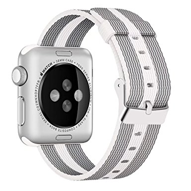 Yichan Newest Woven Nylon Fabric Wrist Strap Replacement Band with Classic Square Stainless Steel Buckle for Apple iWatch Series 1 / 2 / 3,Sport & Edition,42mm,White Stripe