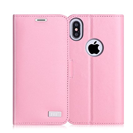 iphone X Case, FYY [RFID Blocking wallet] Genuine Leather 100% Handmade Wallet Case Credit Card Protector for iphone X Pink