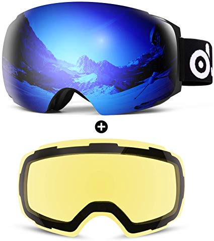 Odoland Magnetic Interchangeable Ski Goggles with 2 Lens, Large Spherical Frameless Snow Goggles for Men & Women, OTG and UV400 Protection