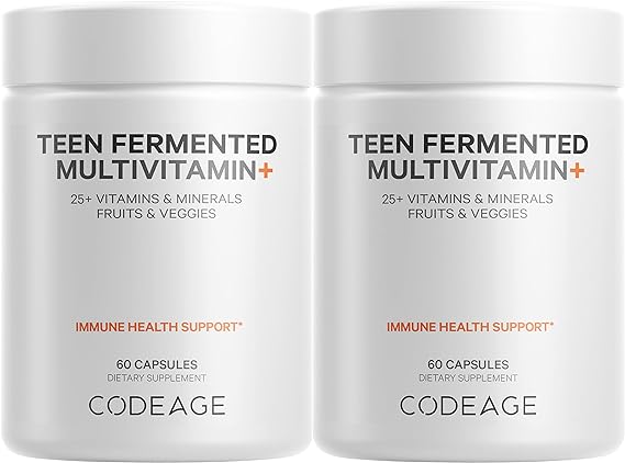 Codeage Teen’s Daily Multivitamin Supplement, 25  Vitamins & Minerals for Teenage Boys & Girls, Organic Whole Foods Vitamins for Teenagers, Vitamin A, B Vitamins, Vitamin C, D, E, K, Omega-3, 2 Pack