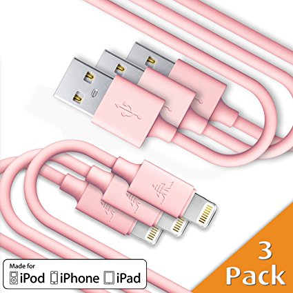 CellBee 3 Pack Apple Certified Charger Lightning To USB Cable - Super Fast Charging - Thick Cord - 3 ft -1 meter (Pink)