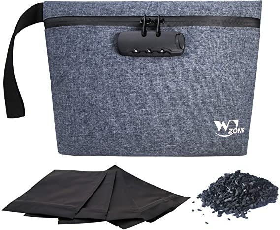 W J Zone Smell Proof Bag with Lock, Stash Storage Pouch & Case, Carbon Lined Divider Pockets to Eliminate Stink, Stores Herbs, Spices, Smelly Accessories, Waterproof with Hand Strap