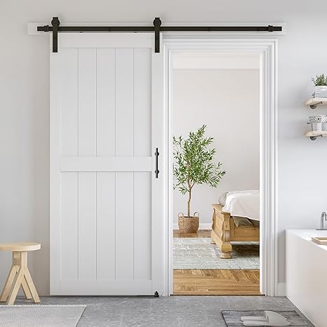 SmartStandard 36 x 84 inch White Slidng MDF Barn Door with 6.6FT Black Sliding Door Hardware Kit & Handle, Pre-Drilled Ready to Assemble, Waterproof PVC Coating, H-Frame