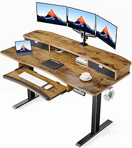 HUANUO 55" x 26" Electric Standing Desk with 2 Drawers & 26.7" Large Keyboard Tray, C-Clamp Mount Compatible, Adjustable Computer Desk for Home Office, Stand Up Desk with 4 Height Presets, Vintage