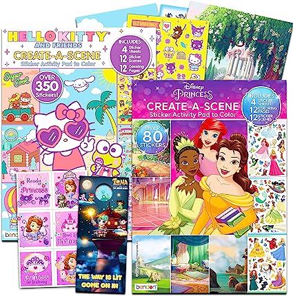 Create a Scene Sticker Activity Books for Girls - Bundle with 2 Sticker Pads with 400  Stickers Featuring Disney Princesses and Hello Kitty Plus Bonus Coloring Pages, More | Sticker Books for Girls 4-8