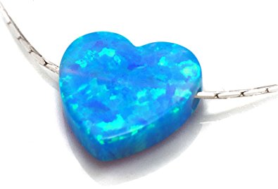 Synthetic Blue Opal Tiny Heart Necklace Charm Pendant with 18.9" Snake Chain - NanoStyle Jewelry