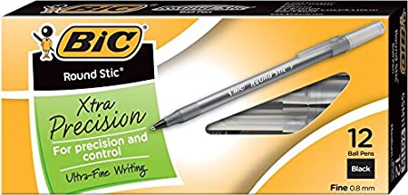 BIC Round Stic Xtra Precision Ballpoint Pen, Fine Point (0.8mm), Black, 12-Count