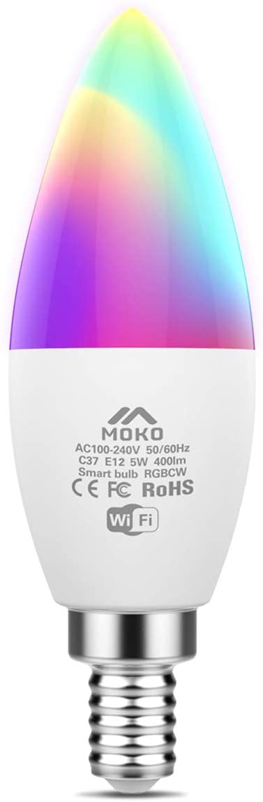 MoKo Smart LED Light Bulb, 5W E12 Candelabra Base, RGB Warm White Dimmable Candle Bulb, Work with Alexa Echo/Google Home/SmartThings, Voice/APP Control, No Hub,Only Supports 2.4GHz Network