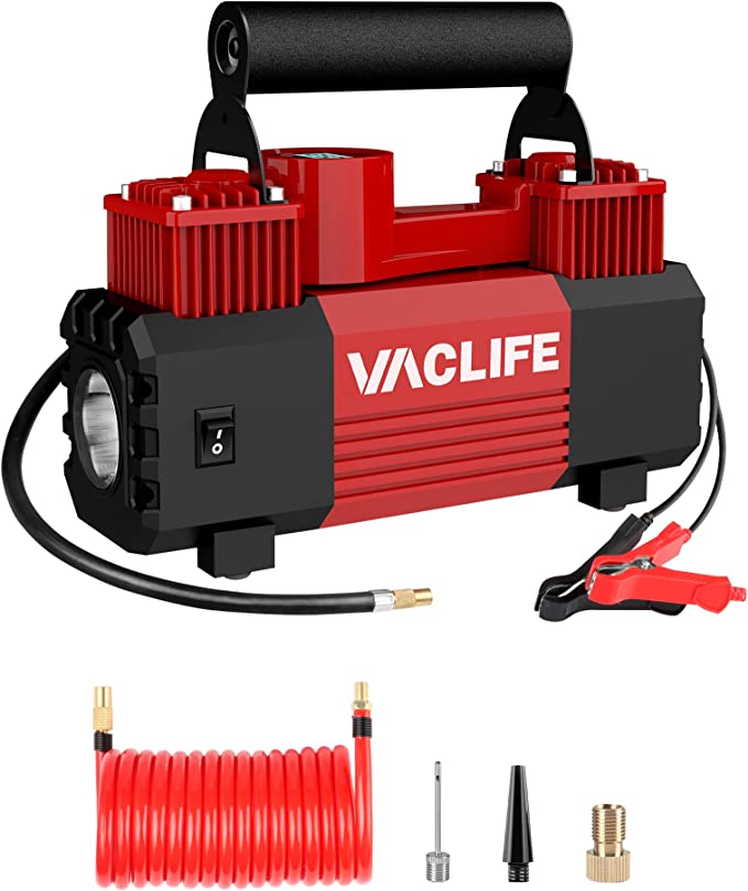 VacLife Heavy Duty Tire Inflator - Air Compressor Portable Double Cylinders for Trucks, DC 12V Air Pump for Car Tires (Up to 150 PSI), Road Trip Must Haves, Automotive Car Accessories, Red (VL778)