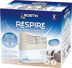 Bostik RESPIRE Déshumidificateur d’Air Anti Condensation, Absorbeur d’Humidité, pour des Pièces Jusqu’à 25m², Inclus 2 Recharges Tablettes Sans Colorant ni Parfum de 250g