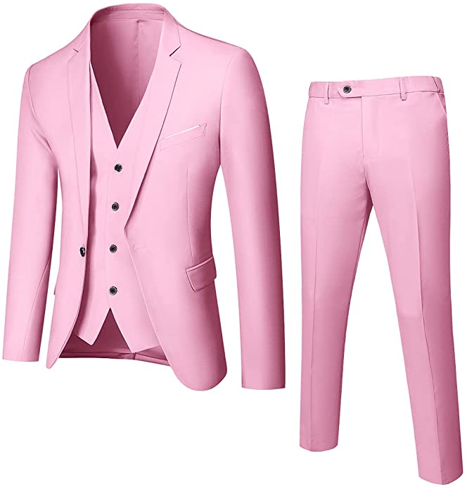 MY'S Men's 3 Piece Slim Fit Suit Set, One Button Solid Jacket Vest Pants with Tie