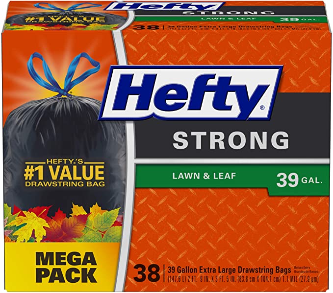 Hefty Drawstring Lawn and Leaf Trash Bags, 39 Gallon, 38 Count