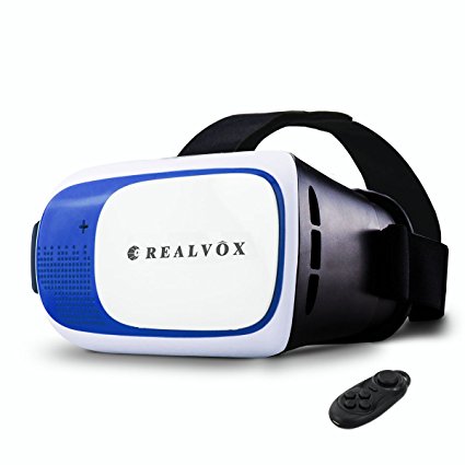 REALVOX Plastic Focal and Pupil Distance Adjustable Google Cardboard Virtual Reality Headset 3D VR Movie Game Glasses for Samsung Moto LG Nexus HTC iPhone with Bluetooth Remote,Blue