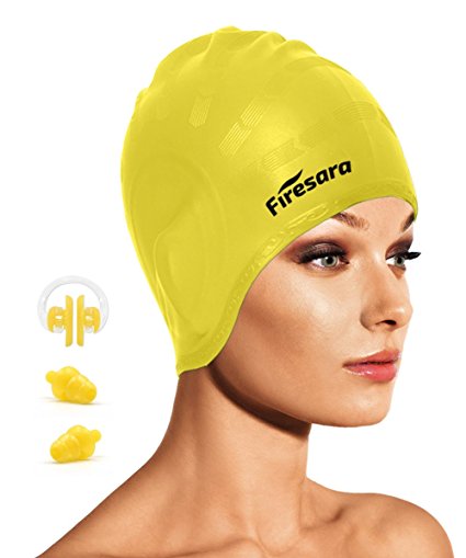 Swimming Cap for Long Hair,Firesara Waterproof Silicone Swim Cap for Women & Ladies & Men &Girls& Men & Adult & Kids That Keeps Hair Dry & Doesn't Leak with Nose Clip and Ear Plugs