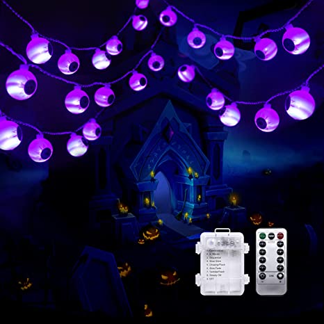 Halloween Purple Eyeball String Lights, 30 LED Battery Powered Halloween Decorative Lights with Remote, 16.4 FT 8 Modes Twinkle Lights, for Outdoor Indoor Halloween Party Home Decorations