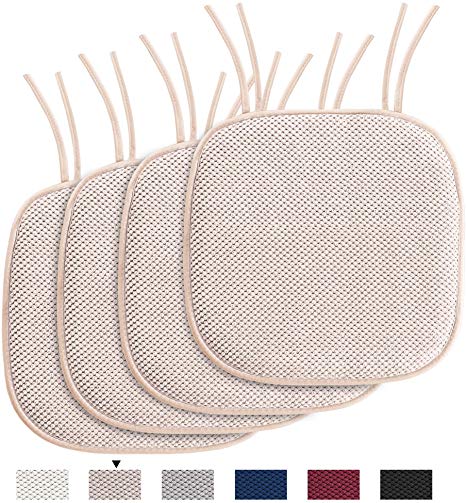 H.VERSAILTEX Chair Cushion Memory Foam Chair Pads with Ties Honeycomb Pattern Nonslip Rubber Back Rounded Square 16" x 16" Dining Chair Seat Cover (4 Pack, Sand)