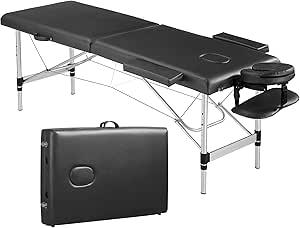 PrimeZone Black Massage Table Portable - 2 Folding Aluminum Lash Bed with Carrying Case & Face Cradle for Eyelash Extensions, Spa, Facial, Hight Adjustable Tatto Table, 84" x 32"