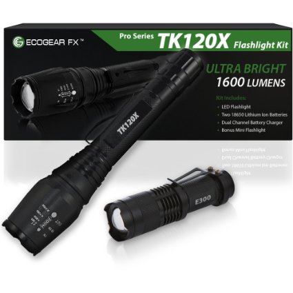 EcoGear FX Professional Grade LED Flashlight Kit TK120X Our Brightest Tactical LED Flashlight with High-Lumen Output ZOOM Feature Water Resistant Design 5 Light Modes and Rechargeable Batteries
