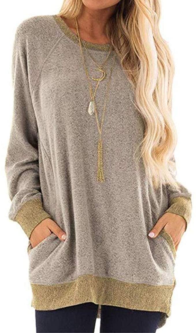 YAKER Women's Long Sleeve Round Neck Casual T Shirts Blouses Sweatshirts Tunic Tops with Pocket