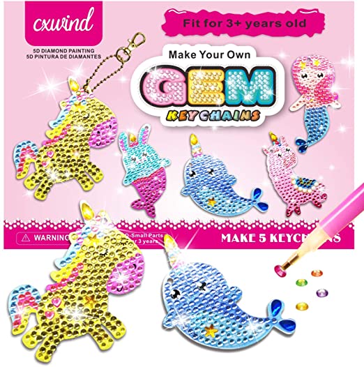 cxwind Big Gem Diamond Painting Kit - Make Your Own GEM Keychains - 5D Diamond Painting by Numbers Art Kits for Girls Kids Toddler Ages 3-5 4-6 6-8