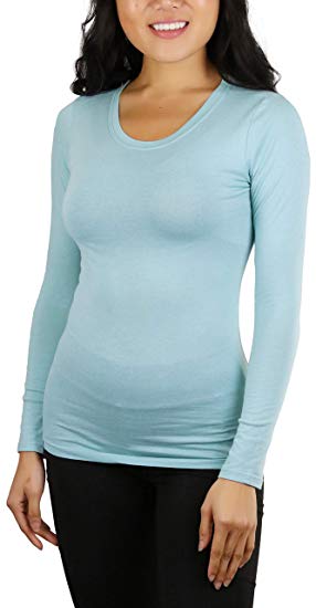 ToBeInStyle Women's Basic Long Sleeve Contrast Neck Binding Crew Neck Tee