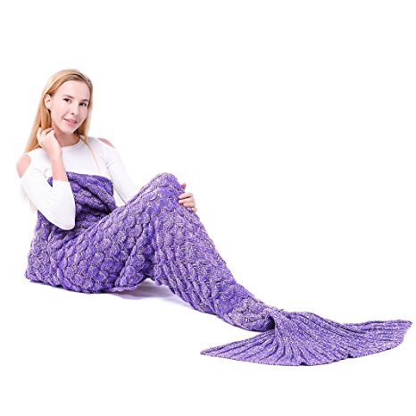 Colorful Tassel Mermaid Tail Blanket for Kids or Adults,Soft Cozy Crochet Knitted Sleeping Bag for Camping,Gift Shawl (Tassels-purple)