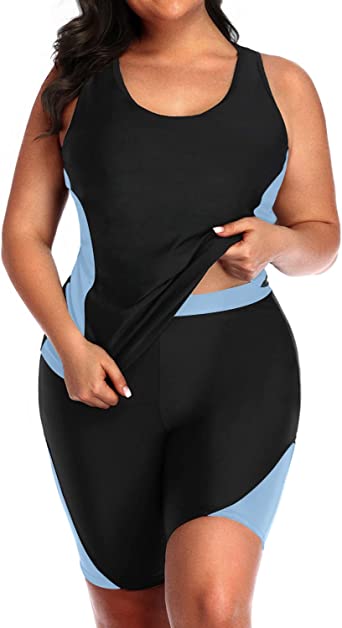 Daci Women Plus Size Two Piece Tankini Bathing Suit High Waisted Boyshort Racerback Swimsuit