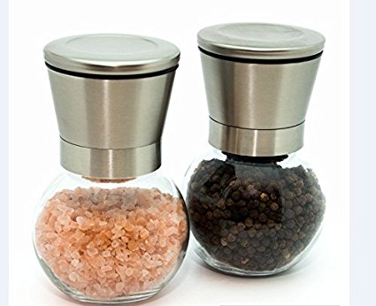 Premium Stainless Steel Salt and Pepper Grinder Set (2 in Set) with Adjustable Coarseness By Prime Kitchen Accessories Made with High Strength Glass Body Shakers No BPA