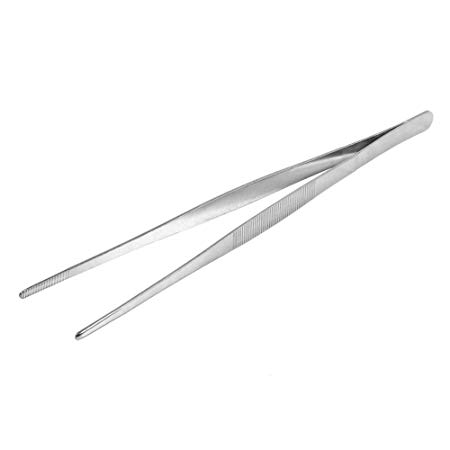 30cm Stainless Steel Silver Long Food Tweezer Tongs Straight Kitchen Culinary Medical Tweezers Serrated Tip, Round Head