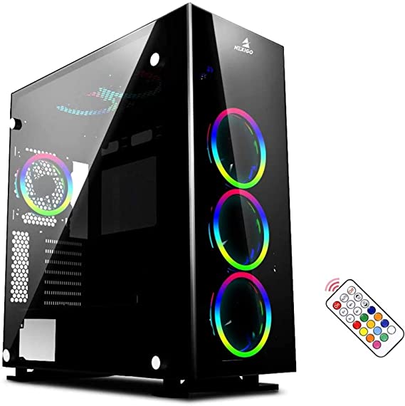 NexiGo Stellar Black ATX Mid-Tower Desktop Computer Gaming Case, Tempered 4-Sided Glass Panels, Pre-Installed 120mm LED RGB Fans with Remote Controller, 360mm Liquid Cooling Support