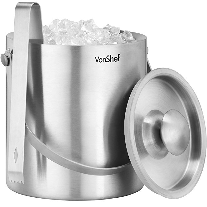 VonShef Ice Bucket with Lid 2 Litre Double Walled Insulated Stainless Steel INCLUDES Tongs & Carry Handle