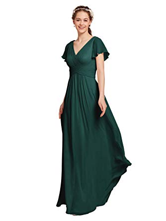 AW Chiffon Bridesmaid Dress with Sleeves V-Neck Wedding Maxi Evening Party Dress Long Plus Size Prom Gowns
