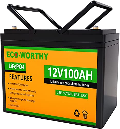 ECO-WORTHY 12V 100Ah LiFePO4 Lithium Iron Phosphate Battery Deep Cycle Rechargeable Battery with Built-in BMS, 3000  Life Cycles, Perfect for RV, Marine, Trolling Motor, Solar Battery