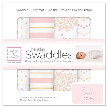 SwaddleDesigns Cotton Muslin Swaddle Blankets, Set of 4, Heavenly Floral Pink