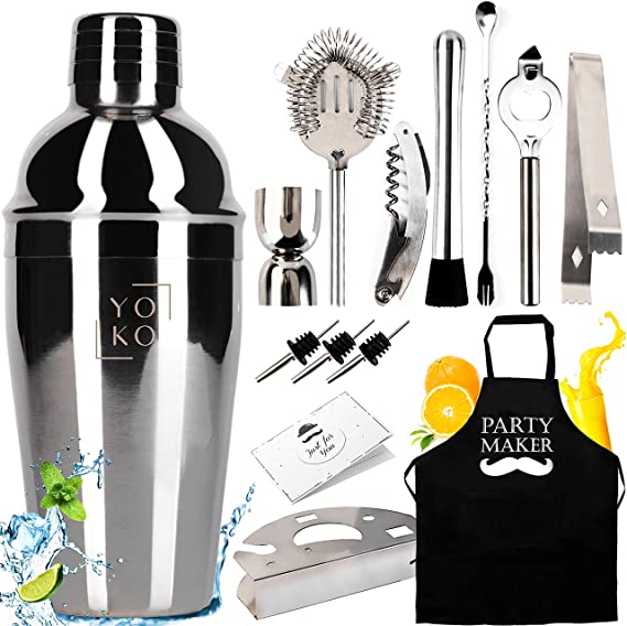 Professional Cocktail Making Set With Stand & Apron & Personalized Card | 14 Pcs | 550 ml Stainless Steel Shaker | Exclusive Gift | Drink Recipe Book Mohito, Martini, Margarita | Shaker Cocktail Set