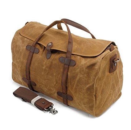 Vintage Waxed Leather Canvas Travel Bag Vesgantti ? Extra Large Capacity Holdall, Travel Duffle, Carry-on Baggage, Gym Bag with Adjustable and Detachable Shoulder Strap - XL Khaki
