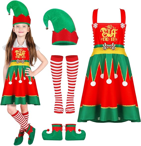 Yaomiao 4 Pcs Christmas Elf Costume for Kids with Elf Hat Shoes Striped Stockings Xmas Festive Outfit for Girls Holiday Party