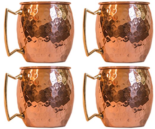 Moscow Mule 100 % Solid Pure Copper Mug /Cup (16-ounce/set of 4, Hammered, Nickel Lined)- Saint Jacques