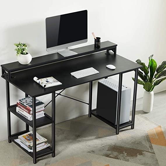 Sedeta Computer Desk with Storage Shelves, 55 inch Large Modern Office Desk Computer Table, Studying Writing Desk Workstation with Built-in Hutch for Home Office, Black