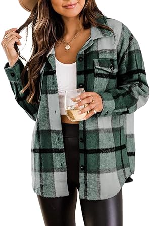 Blansdi Women’s Casual Plaid Flannel Shacket Jacket Oversized Button Down Long Sleeve Fall Shirt Jacket Coat Tops