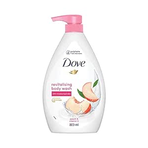 Dove Revitalizing Bodywash scented with peach and infused with Vtamin C to hydrate your skin, 100% gentle cleansers, paraben free/sulphate free cleansers, 100% plant- based moisturisers, 800ml