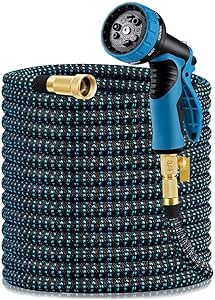 HBlife Expandable Garden Hose 100FT, Flexible Lightweight Water Hose with 9 Function Nozzle Sprayer Expanding Durable Hose with 3/4 Inch Solid Brass Fittings, Black & Blue