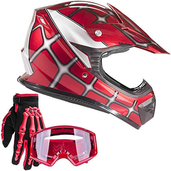 Typhoon Youth Kids Offroad Gear Combo Helmet Gloves Goggles DOT Motocross ATV Dirt Bike MX Spiderman Red, Large